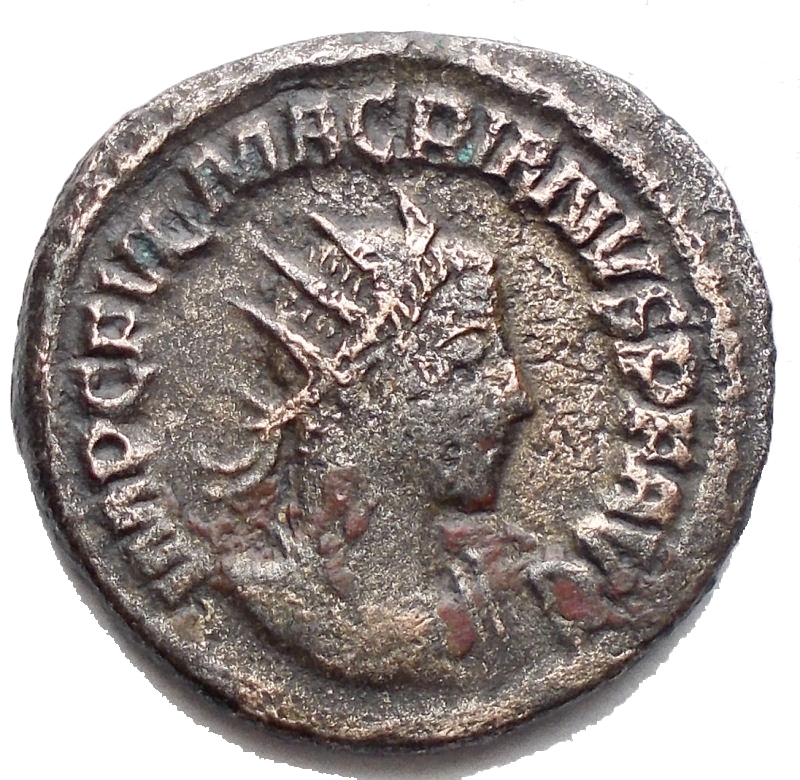 obverse: Macrianus. Usurper, AD 260-261. AR Antoninianus (20,7 mm. 4,07 g). AD 260-261. Samosata mint. Bust right / Roma seated left on shield, holding spear with left hand and crowning Victory in right hand. VF. 