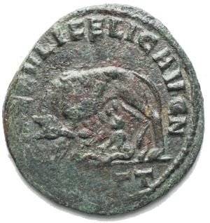 obverse: Maxentius. AD 307-312. Æ Follis (24,5 x 25,6 mm. 4,3 g). Ostia mint. Struck AD 309-312. Laureate head right / She-wolf standing left, suckling twins Remus and Romulus. Rare. Green patina