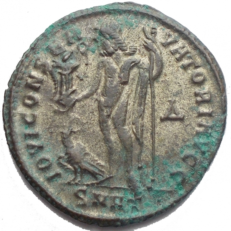 reverse: Impero Romano - Licinius I. A.D. 308-324. Æ follis (22,28 x 22,9 mm; 3,22 g). IMP C VAL LICIN LICINIVS P F AVG, laureate head of Licinius I right / IOVI CONSERVATORI AVGG, Jupiter standing facing, head left, holding Victory on globe and resting on scepter; at feet to left, eagle standing left, head right, holding wreath in beak. Unchanged coin. with patina and silver plating. Excellent specimen