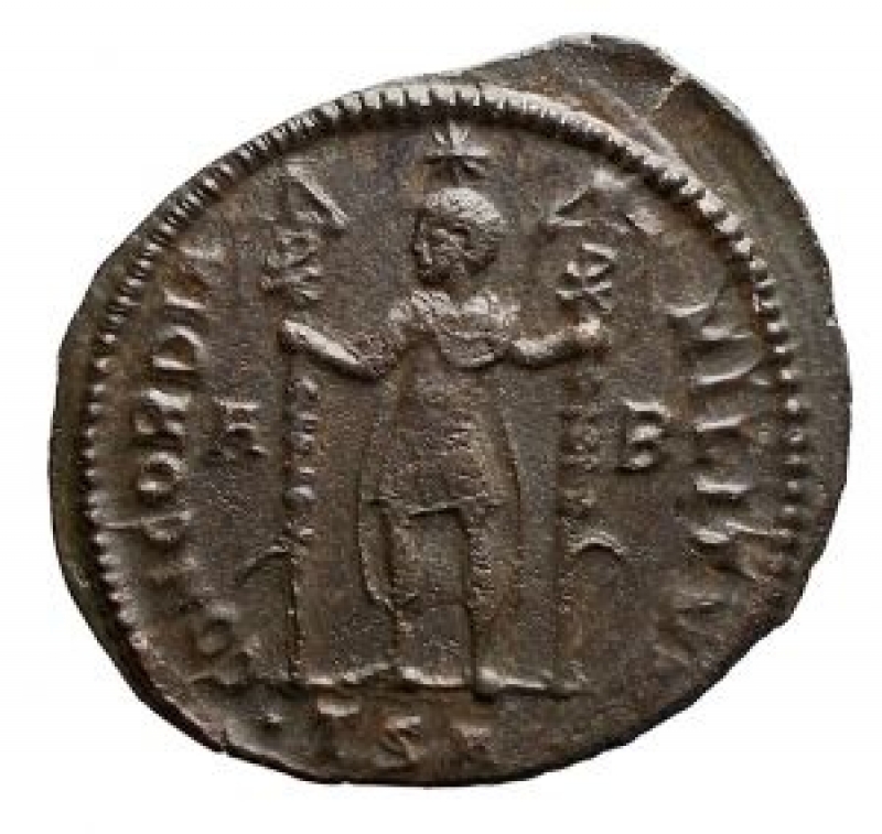 reverse: Vetranio (AD 350). Æ Maiorina (5.4 g, 25.6 mm). Thessalonica 1st offcina. Obv: DN VETRANIO PF AVG. Bust draped and armored to ds with graduated head right. Rev: CONCORDIA MILITVM. The Emperor standing standing face to left with two banners with inscription CHI RO; the sides A-B; in exergue, • TSA •. Ref: RIC 132. Good example