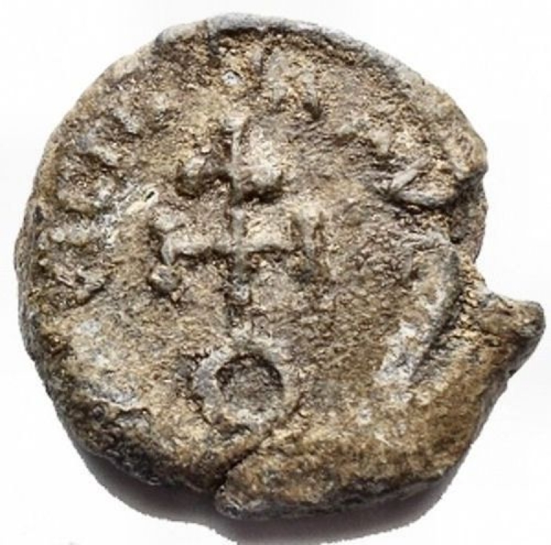 reverse: Lead Seal. c.a. 7th-8th century AD. Obv. Crowned facing bust, wearing consular robes, holding cross. Rev. Cruciform monogram. 16.87 g. 24.4 x 22.6 mm.
