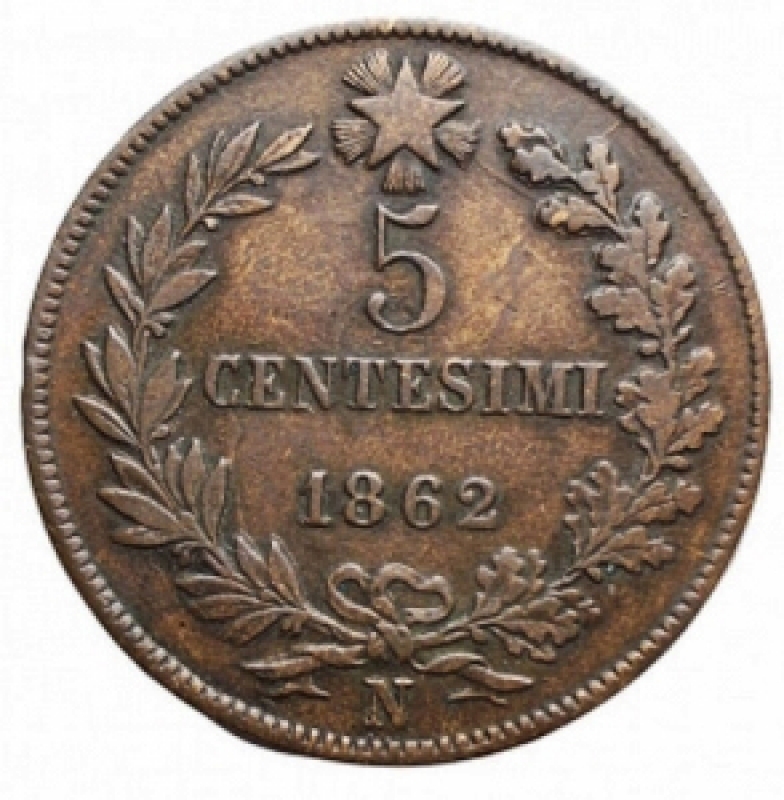 obverse: Casa Savoia - Vittorio Emanuele II. 5 Centesimi 1862. Napoli. Ae. Pagani 554. BB-SPL.