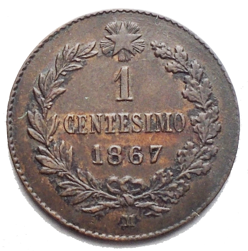reverse: Casa Savoia - Vittorio Emanuele II. 1 Centesimo 1867. Milano. Rame. 