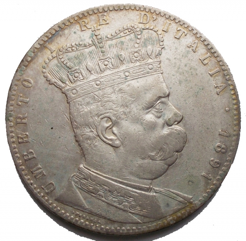 obverse: Casa Savoia - Umberto I. Colonia Eritrea. 5 lire Tallero 1891. Gig 1. Ag. R. BB+. Intonso con leggera patina in parte iridescente