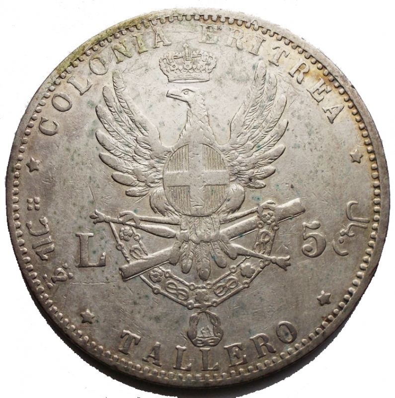 reverse: Casa Savoia - Umberto I. Colonia Eritrea. 5 lire Tallero 1891. Gig 1. Ag. R. BB+. Intonso con leggera patina in parte iridescente