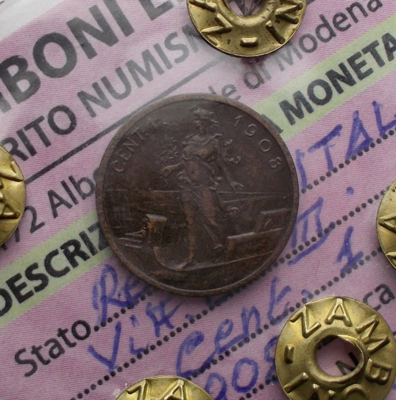 obverse: Savoia. Vittorio Emanuele III (1900-1943) 1 Centesimo Prora Roma 1908 CU  Pagani 945; MIR 1170a. Molto raro. qSpl. Periziata