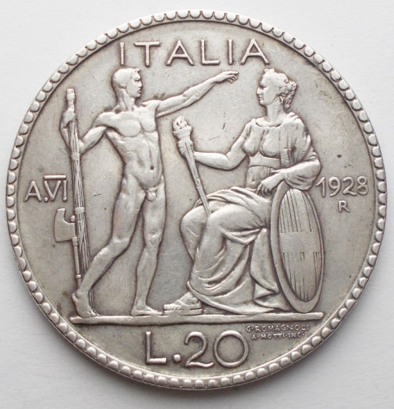 reverse: Casa Savoia - Regno di Italia. Vittorio Emanuele III (1900-1943). 20 lire 1928. Pag. 673. R. AG.