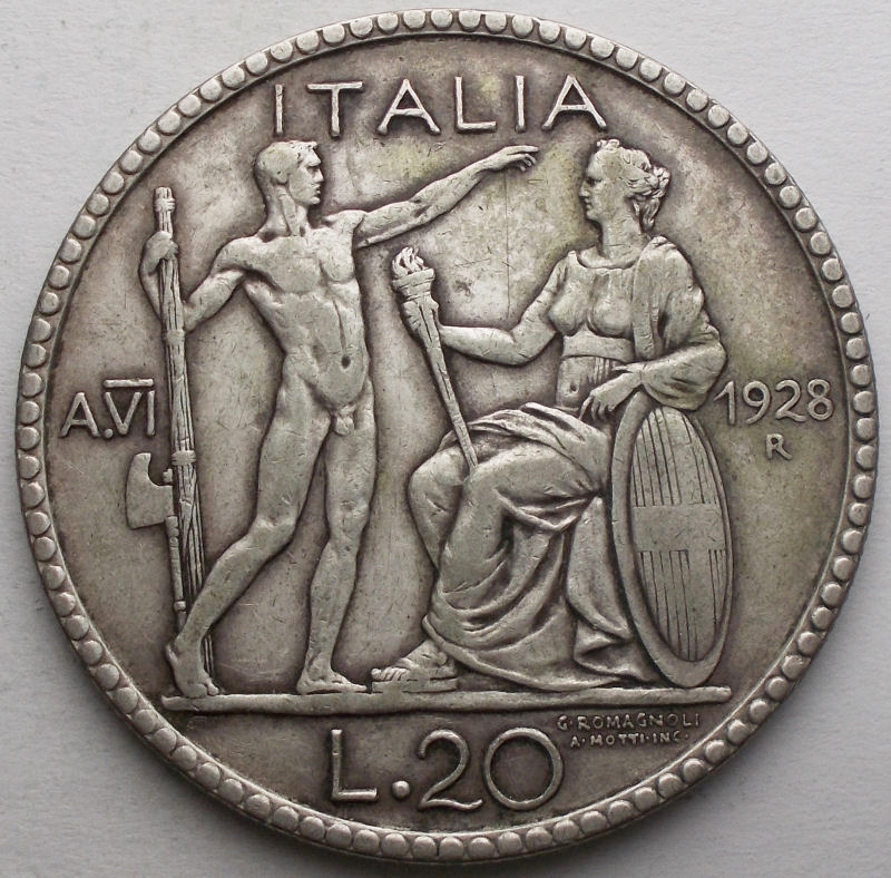 reverse: Casa Savoia - Regno di Italia. Vittorio Emanuele III (1900-1943). 20 lire 1928. Pag. 673. R. AG. BB.