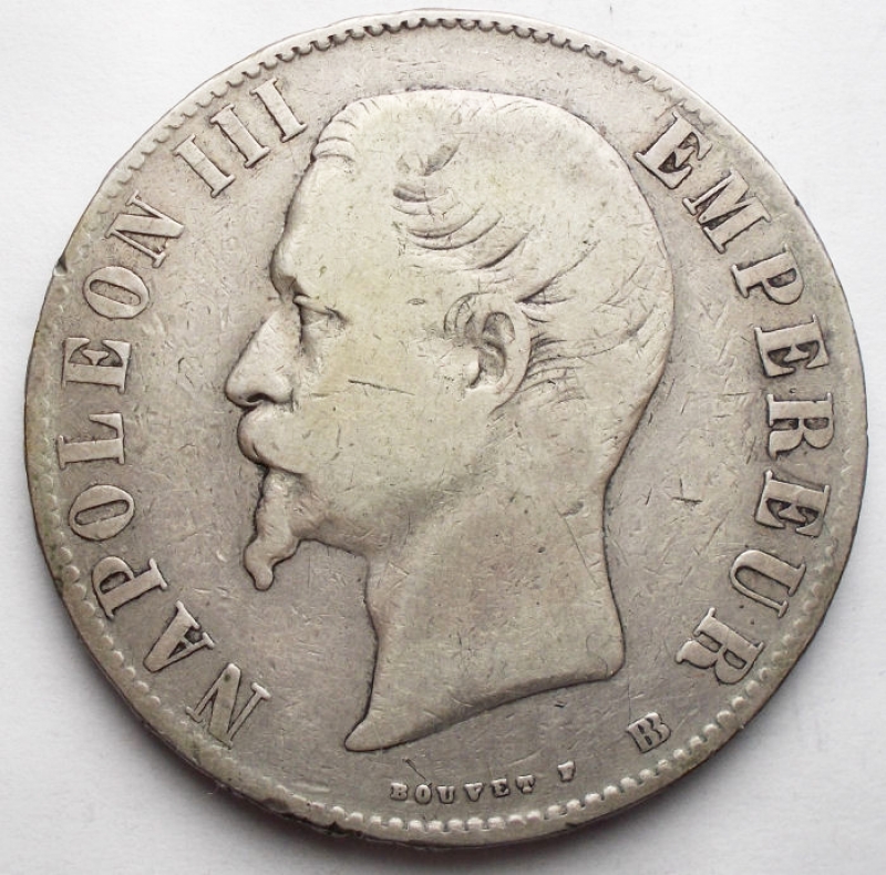 obverse: Francia - 5 francs Napoléon III, tête nue 1856 Strasbourg
