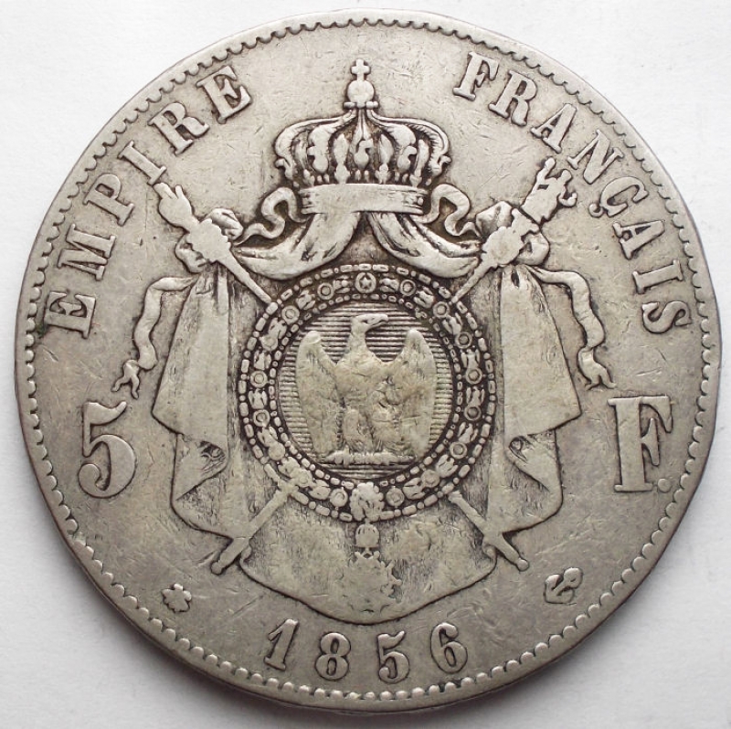 reverse: Francia - 5 francs Napoléon III, tête nue 1856 Strasbourg