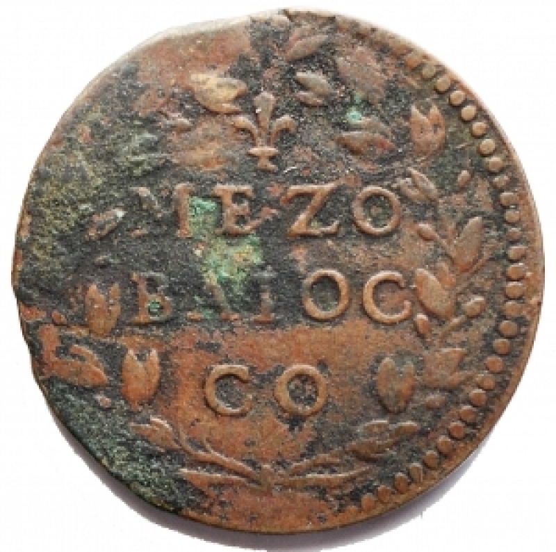 obverse: Zecche Italiane. Gubbio. Innocenzo X (1644-1655). Mezzo baiocco A. X. Berm. 1866. AE. g 8,20. BB+/BB++.
