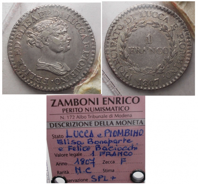obverse: LUCCA E PIOMBINO - Elisa Bonaparte e Felice Baciocchi - 1 Franco 1807 Ag. R. SPL+. Periziata