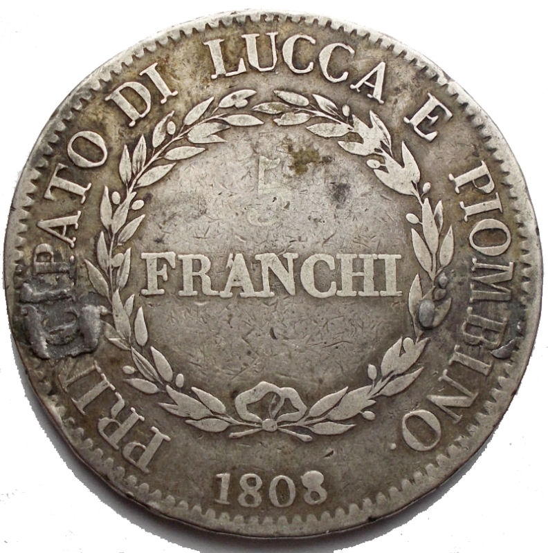 obverse: Zecche Italiane - Lucca e Piombino. Elisa Bonaparte e Felice Baciocchi. 5 franchi 1808 busti grandi. Mont 438. AG. Difetti. R. 
