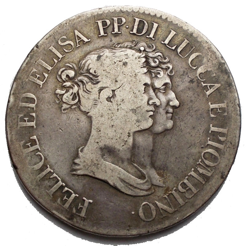 reverse: Zecche Italiane - Lucca e Piombino. Elisa Bonaparte e Felice Baciocchi. 5 franchi 1808 busti grandi. Mont 438. AG. Difetti. R. 