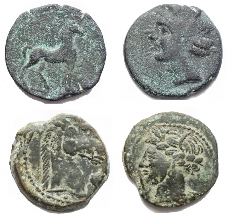 obverse: Mondo Greco lot 2 pieces Ae - Bruttium. Uncertain mint. Hannibal ?. 215-212 BC Ae. D / Head of Tanit-Persephone on the left. R / Horse standing right. Weight 5.33 g. Diameter 19.46 mm. aVF-VF. Rare - ZEUGITANIA. Carthage. 264-241 BC. Æ 19.4 mm. 5.42 g. Sardinia?. d / Head of Tanit on the left. r / Horse protome on the right. under Punic letters ?. VF-aEF. Beautiful green patina and sediments