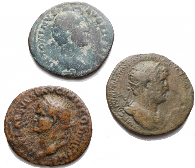 obverse: Roman Empire. Lot 3 pieces Ae. Vespasianus 1 As, Hadrianus 1 Dupondius, Antoninus Pius 1 As