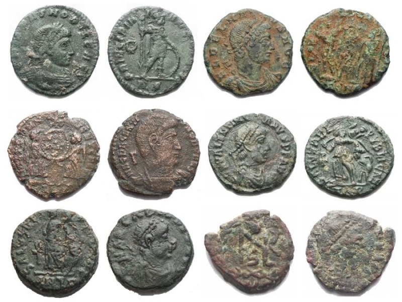 obverse: Roman Empire lot 6 pieces Ae  - Crispus. 317-326 A.D. Ae. D / CRISPVS NOBIL CAES. R / PRINCIPIA IVVENTVTIS Crown in the left field. In exergue RS. Weight gr 2.6. Diameter mm 19.3. VF +. Green patina. Rare - Delmatius. 335-337 A.D. Follis. D / FL DELMATIVS NOB C Graduated bust to the right. R / GLOR IA EXERC ITVS Two soldiers between a banner. Weight 1.16 gr. Diameter 15.45 mm. RIC. 141. BB. Green patina and sediments - Decentius Caesar (Magnentius, 350-353), Follis, Rome, AD 350-351; AE (4.58 g; 20.84 mm); MAG DECENT - VS NOB CAES, bare head, cuirassed bust r. Rv. VICT DD NN AVG ET CAES, Two Victories standing facing one other, holding between them wreath inscribed VOT / V / MVLT / X. a Very fine. - Valentinianus II (375-392). AE 14.25 mm. D / Diademed bust on the right. R / SALVS REIPVBLICAE. Victory with trophy advances to the left, dragging a prisoner. 1.17 g. VF + -aEF. Green patina - Arcadius. 395-408 A.D. AE 11.6 mm. d / Diademed bust to the right. r / Victory advances to the left holding a prisoner by the hair, in the field to the left of the Christogram, mint of Antioch. Weight 1.8 g. VF. Black green patina - Marcianus (450-457) Nummus AE g 0,84; 10.4 mm. d / Bust with diademed head on the right, r / Monogram in the crown. aVF-VF