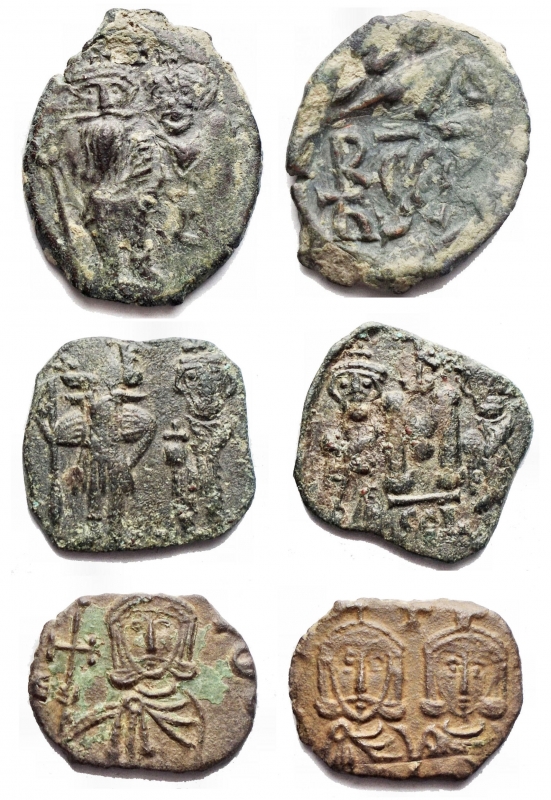 obverse: Byzantine Empire lot 3 pieces Ae - Heraclius with Heraclius Constantine (610-641 AD). AE Follis. Syracuse. About 630-637. In contromarc: D / Crowned busts of Heraclius and Heraclius Constantine; at the top cross. R / Monogram and SCs. AE. 6.28 gr. DOC 243; SB 884; Anastasi 66. VF + Green patina.  - Constant II (641-668). Follis, Syracuse. D / Constant and Constantine IV facing each other. R / Heraclius and Tiberius standing in front of the sides of large M. Above, monogram Sear 35. Below, SCL. MIB 210. AE. 2.7 g. 18.26 x 17.29 mm. VF +. Green patina  - Constantine V with Leo IV (741-775) Follis Syracuse ca. 757-775 AD AE g 2.54. 18.3 x 14.6 mm. VF ++ / VF