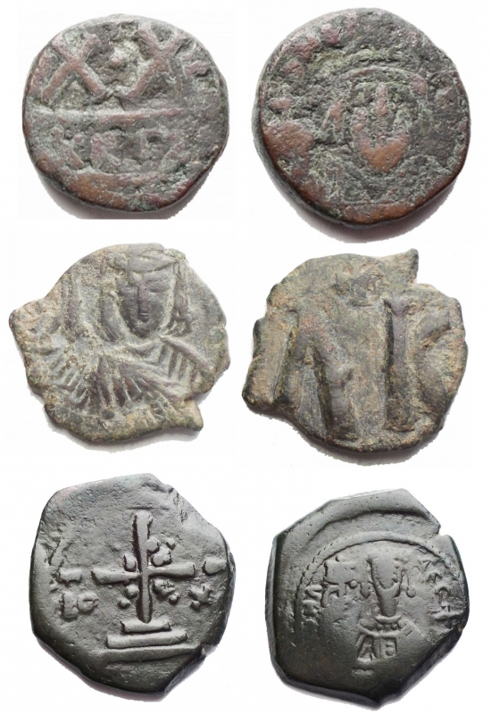 obverse: Byzantine Empire lot 3 pieces  - Heraclius 610-641. Carthage. XX Numbers 620/621. 4.5 g. 16.04 mm. Sear 874, MIB 235, Sommer 11.108. F-aVF. Rare  - Ae to be cataloged. 2.81 g. VF  - Manuel I Comnenus. 1143-1180. Æ Tetarteron (19.7 x 21.3 mm. 4.61 g). Thessaloniki mint. Cross with X in the center placed on three steps / Half-length figure of Manuel I standing in front, holding labarum and crucigero globe. DOC 19; SB 1976. aVF. Black green patina