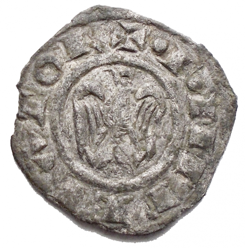 obverse: Brindisi. Federico II (1198-1250) Denaro del 1249. D/ F tra stelle. R/ Croce. Sp.148. MI. 0.88 gr. BB-qSPL. Bella patina