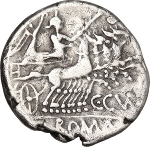 reverse: C. Curiatius Trigeminus.. AR Denarius, 142 BC