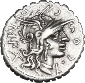 obverse: Cn. Domitius Ahenobarbus, L. Licinius Crassus, L. Pomponius.. AR Denarius serratus, 118 BC