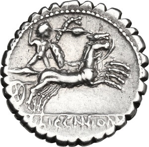 reverse: Cn. Domitius Ahenobarbus, L. Licinius Crassus, L. Pomponius.. AR Denarius serratus, 118 BC
