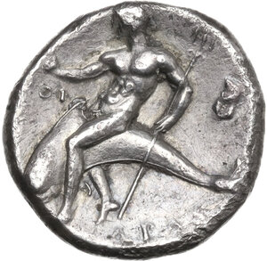 reverse: Southern Apulia, Tarentum. AR Nomos, c. 280-272 BC. Apollo, Eu-, and Thi-, magistrates