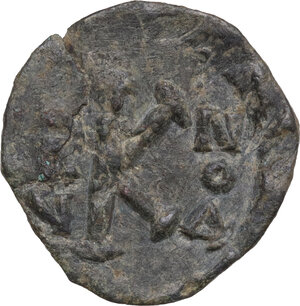reverse: Constans II, with Constantine IV (641-668). . AE Half Follis, Syracuse mint