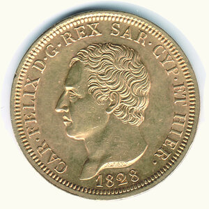 obverse: CARLO FELICE - 80 Lire 1828 - Torino - Tiratura 22504 - Pagani 32.