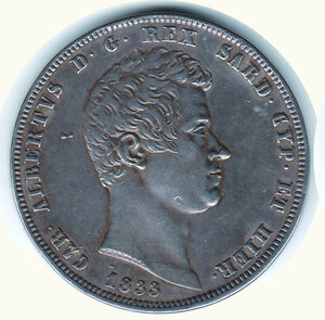 obverse: CARLO ALBERTO - 5 Lire 1833 Ge.