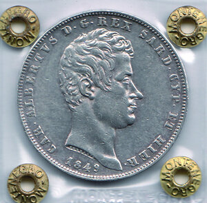 obverse: CARLO ALBERTO - 5 Lire 1849 - Sigillato Montenegro.