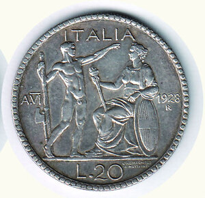 reverse: VITTORIO EMANUELE III - 20 Lire - Littore A. VI 1928 - Patinata.