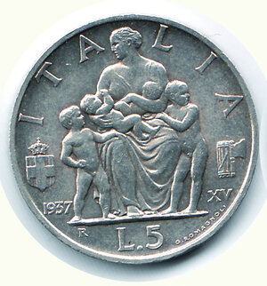 obverse: VITTORIO EMANUELE III - 5 Lire 1937 - Famiglia - Stato zecca.