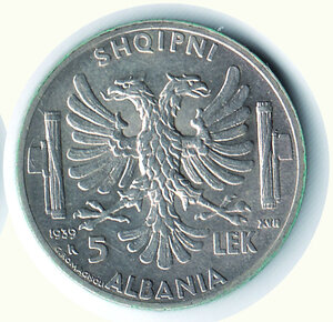 reverse: VITTORIO EMANUELE III - 5 Lek Albania - Patinata.