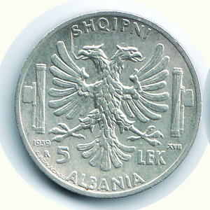 obverse: VITTORIO EMANUELE III - Albania - 5 Lek 1939.