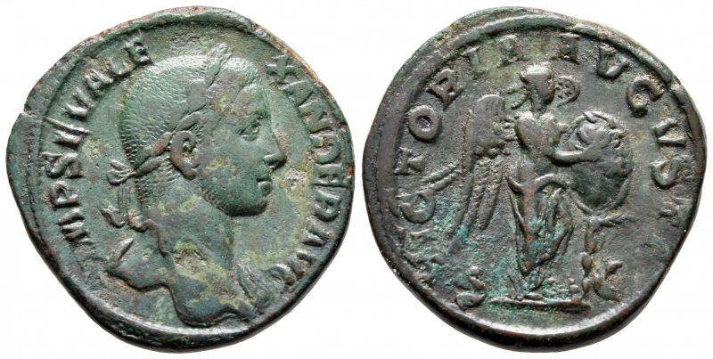 obverse: Alessandro Severo (222-235). Roma. AE Sestertius (32 mm. – 18,83 gr.). R.\: VICTORIA AVGVST. RIC 539. qBB. Note: ottima patina verde. 