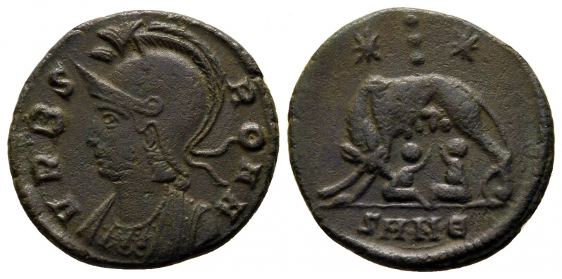 obverse: Costantino I (306-327). Nicomedia. AE Bronzo (2,18 gr.) - R.\: Lupa con Romolo e Remo, sopra 2 stelle. qBB. 