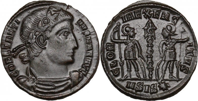 obverse: Costantino II (337-340), Siscia. AE Follis (1,42 gr.). R.\: GLORIA EXERCITVS / M SIS, due soldati con spade, in mezzo a loro un labarum. RIC 74. SPL. Note: ottima patina scura.