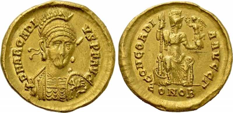 obverse: Arcadius (383-408). Costantinopoli. Au Solidus (20 mm. - 4,44 gr.). D.\: D N ARCADIVS P F AVG. R.\: CONCORDIA AVGG Γ / CONOB. RIC 7. qSPL/SPL.