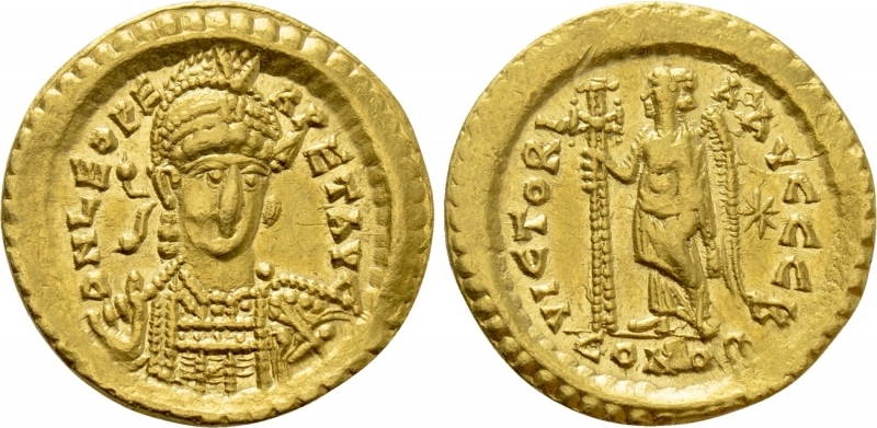 obverse: Leo I (457-474). Costantinopoli. AU Solidus (4,43 gr. – 20 mm.). D.\: D N LEO PERPET AVG. R.\: VICTORIA AVGGG B / CONOB. RIC 605. BB+/qSPL. NC.