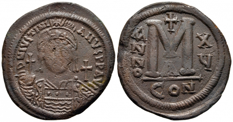 obverse: Giustinianus I (527 - 565). Costantinopoli. AE Follis [40 Nummi], (22,40 gr. - 39 mm.). D.\: D N IVSTINIANVS P P AVG. R.\: M -  A/N/N/O XV  CON. Sear 163. qBB-BB. Note: flan notevole, bella la patina scura.
