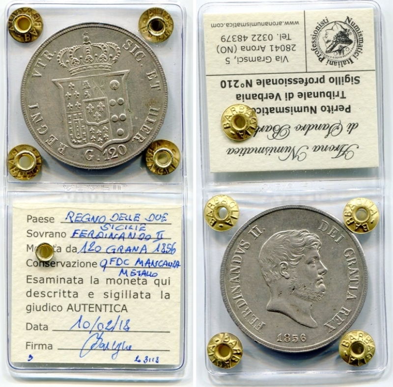 obverse: Regno delle due Sicilie.Ferdinando II. Piastra 120 g. 1856. AG. qFDC. Sigillata. Note: Mancanza di Metallo. 