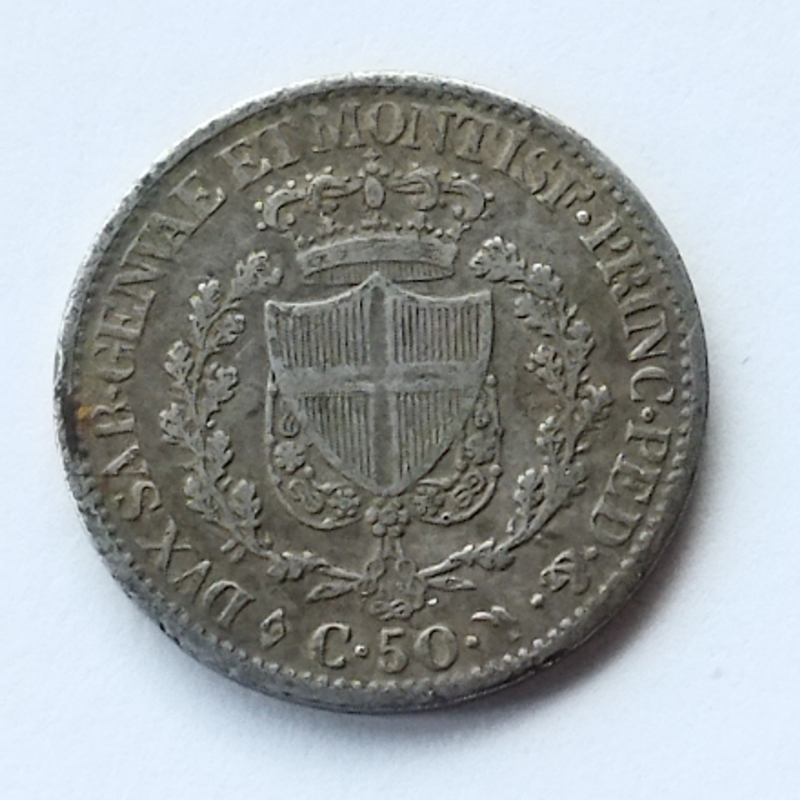 reverse: Regno di Sardegna. Carlo Felice. 50 centesimi To del 1827. AG. qBB. NC.