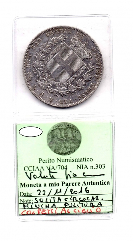 reverse: Regno di Sardegna. Vittorio Emanuele 2° (1849-1861). 5 Lire 1853. Genova. AG. BB. RR/R2. Colpetti.