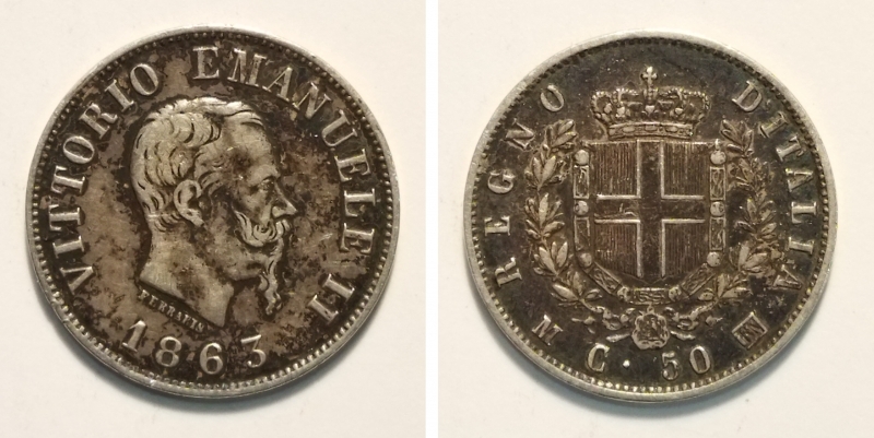 obverse: Regno d’Italia. Vittorio Emanuele 2°. 50 Centesimi 1863 – MI – Stemma. AG. qBB/BB. R1.