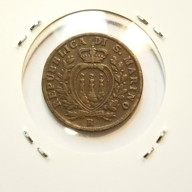 reverse: San Marino.  5 centesimi 1935. Cu. BB. In oblò di carta.