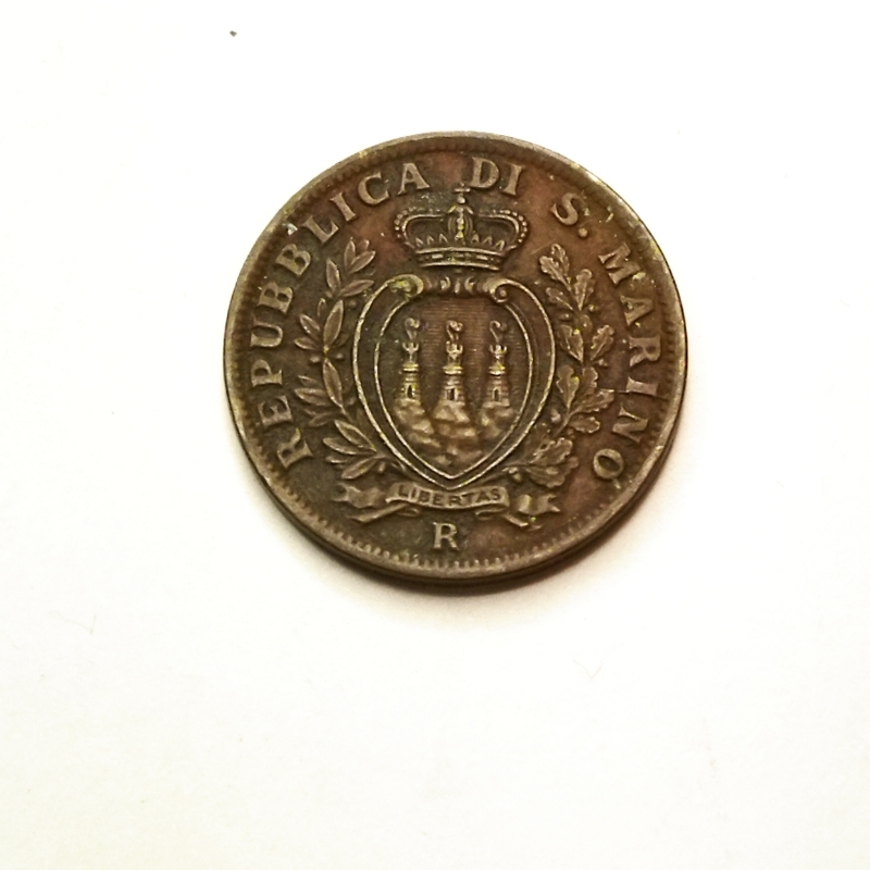 reverse: San Marino.  5 centesimi 1937. Cu. qBB.