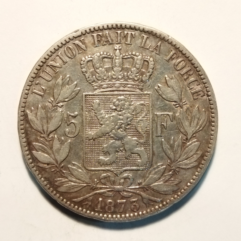 reverse: Belgio. Leopoldo II. 5 Francs 1873. AG. qBB. 