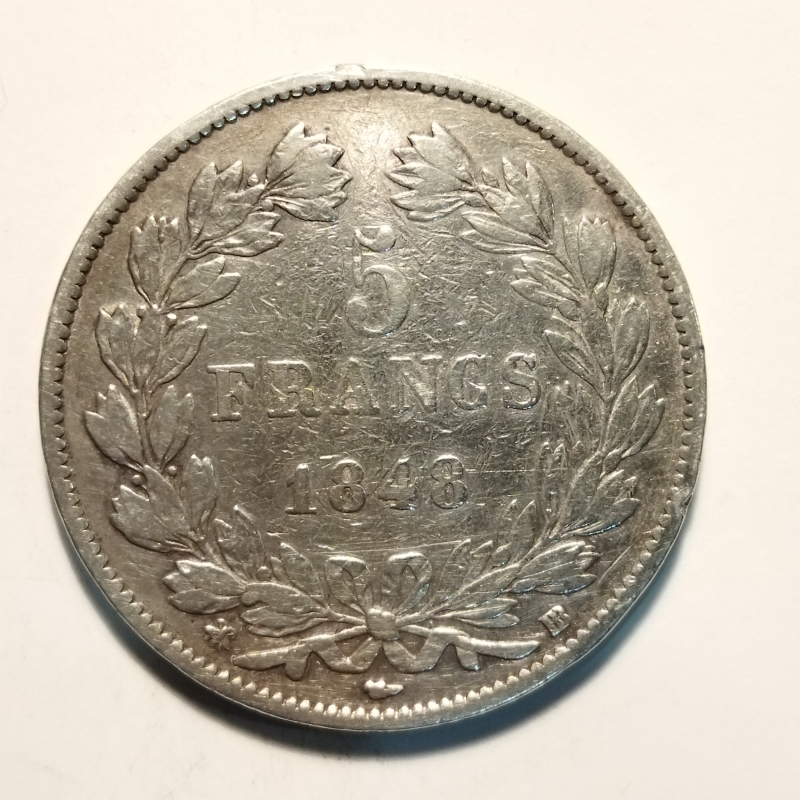 reverse: Francia. Luigi Filippo. 5 Francs 1848. AG. qBB. 
